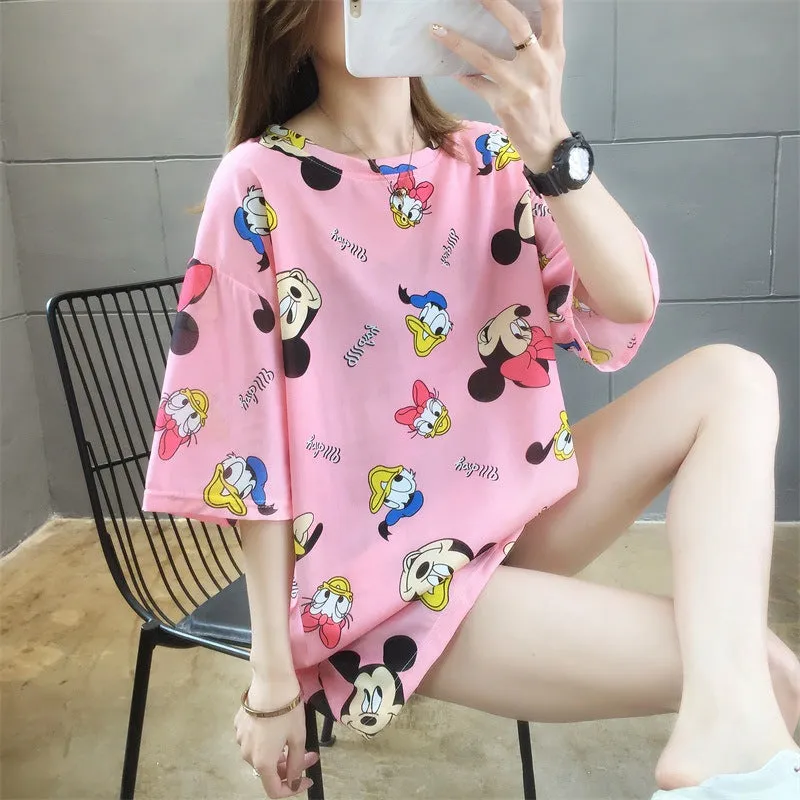 Cartoon Bear Loose Mid-Length Short Sleeve T-Shirt Women INS Trendy Summer aTops T-Shirt