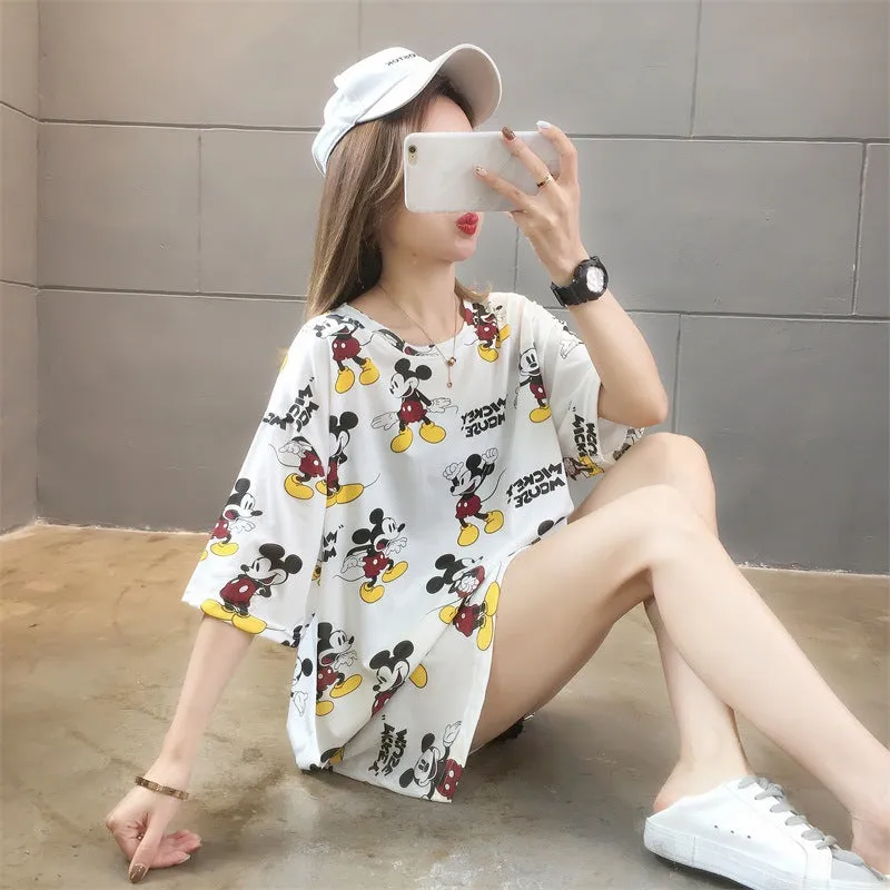 Cartoon Bear Loose Mid-Length Short Sleeve T-Shirt Women INS Trendy Summer aTops T-Shirt