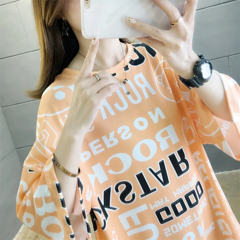 Cartoon Bear Loose Mid-Length Short Sleeve T-Shirt Women INS Trendy Summer aTops T-Shirt