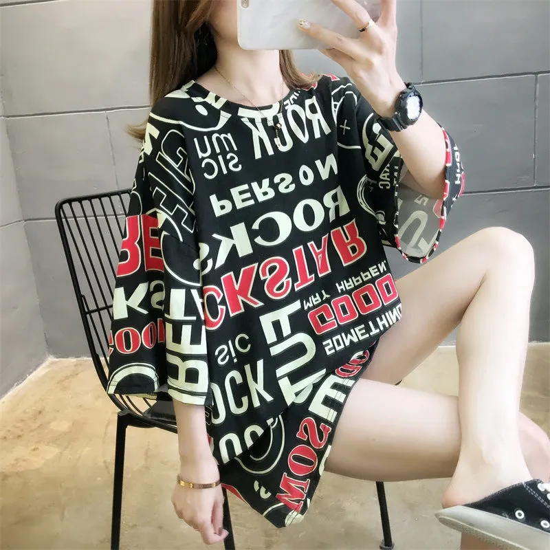 Cartoon Bear Loose Mid-Length Short Sleeve T-Shirt Women INS Trendy Summer aTops T-Shirt