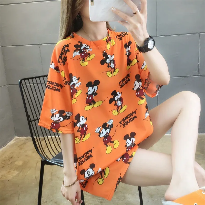 Cartoon Bear Loose Mid-Length Short Sleeve T-Shirt Women INS Trendy Summer aTops T-Shirt