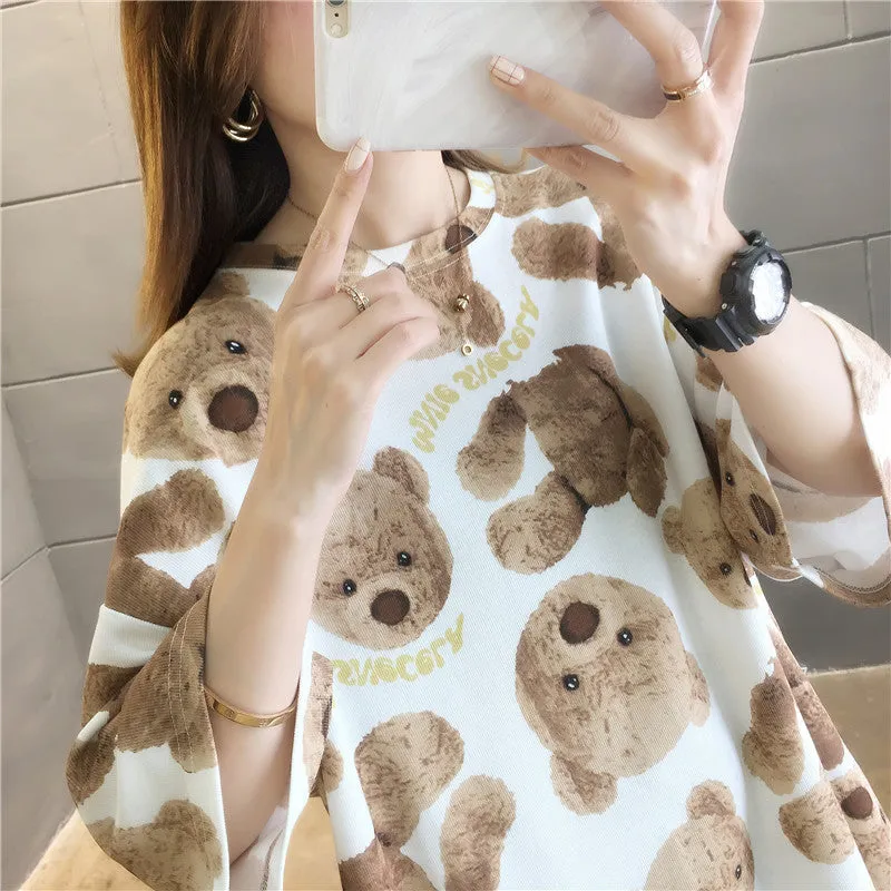 Cartoon Bear Loose Mid-Length Short Sleeve T-Shirt Women INS Trendy Summer aTops T-Shirt
