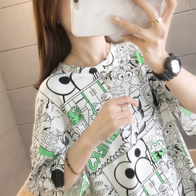 Cartoon Bear Loose Mid-Length Short Sleeve T-Shirt Women INS Trendy Summer aTops T-Shirt