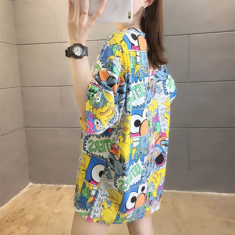 Cartoon Bear Loose Mid-Length Short Sleeve T-Shirt Women INS Trendy Summer aTops T-Shirt