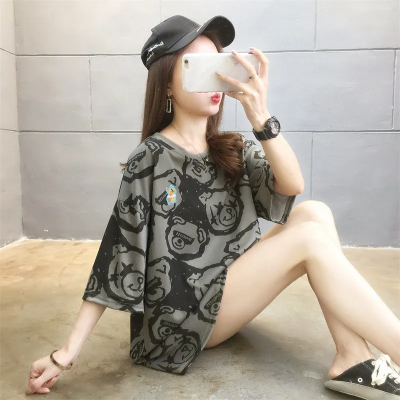 Cartoon Bear Loose Mid-Length Short Sleeve T-Shirt Women INS Trendy Summer aTops T-Shirt