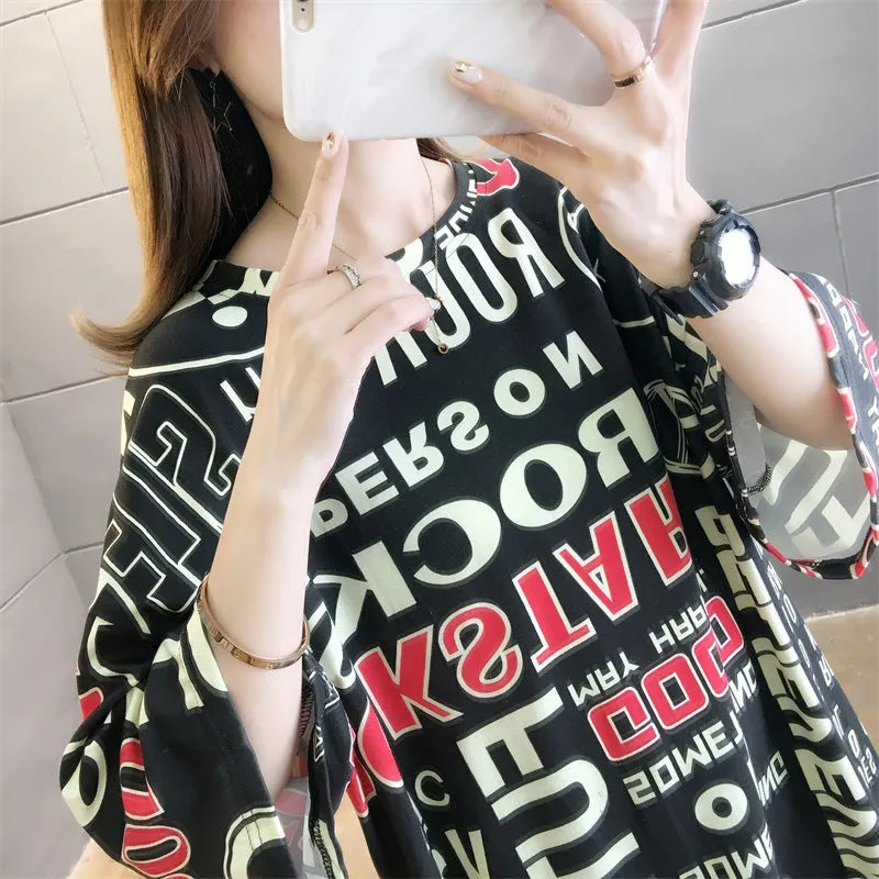 Cartoon Bear Loose Mid-Length Short Sleeve T-Shirt Women INS Trendy Summer aTops T-Shirt