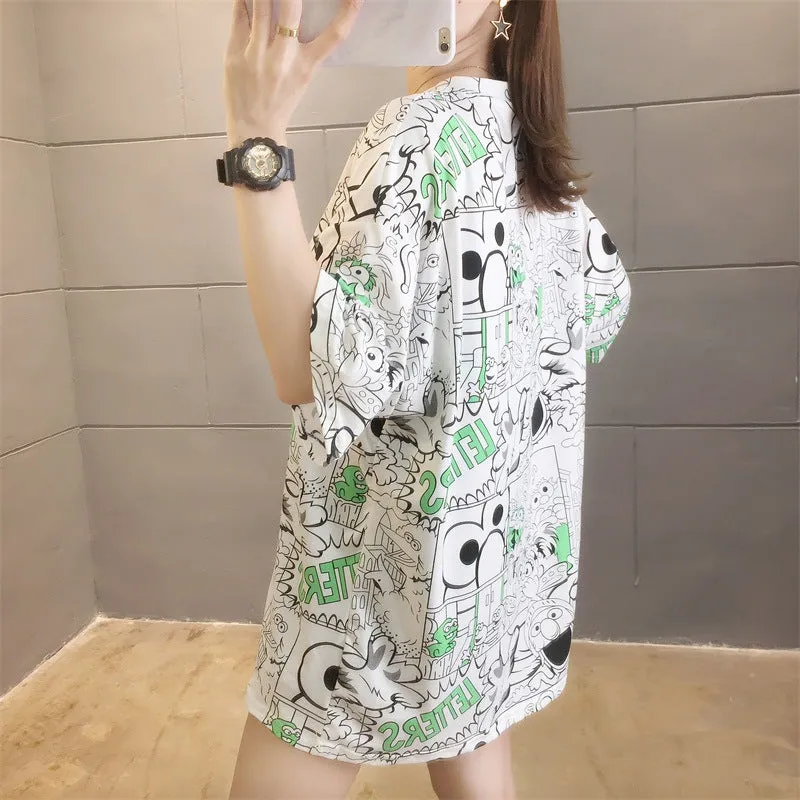 Cartoon Bear Loose Mid-Length Short Sleeve T-Shirt Women INS Trendy Summer aTops T-Shirt