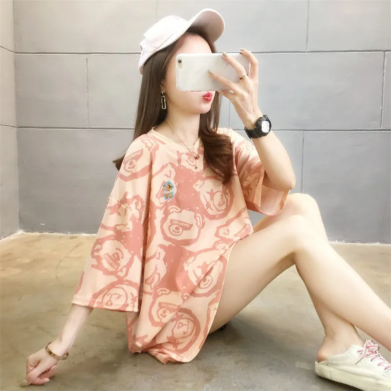 Cartoon Bear Loose Mid-Length Short Sleeve T-Shirt Women INS Trendy Summer aTops T-Shirt