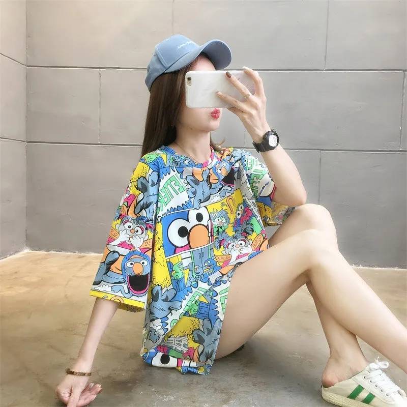 Cartoon Bear Loose Mid-Length Short Sleeve T-Shirt Women INS Trendy Summer aTops T-Shirt