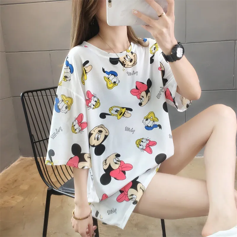 Cartoon Bear Loose Mid-Length Short Sleeve T-Shirt Women INS Trendy Summer aTops T-Shirt