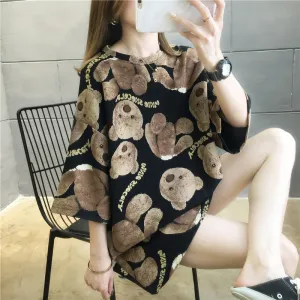 Cartoon Bear Loose Mid-Length Short Sleeve T-Shirt Women INS Trendy Summer aTops T-Shirt