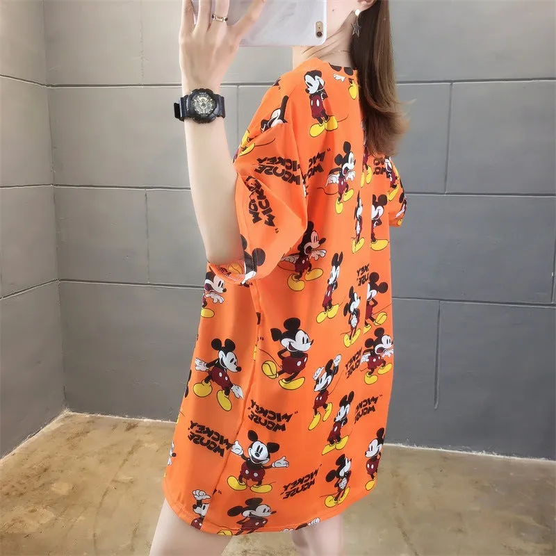 Cartoon Bear Loose Mid-Length Short Sleeve T-Shirt Women INS Trendy Summer aTops T-Shirt