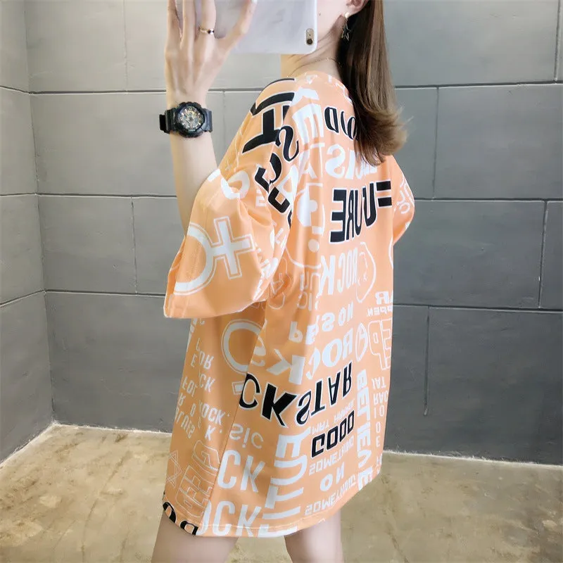 Cartoon Bear Loose Mid-Length Short Sleeve T-Shirt Women INS Trendy Summer aTops T-Shirt