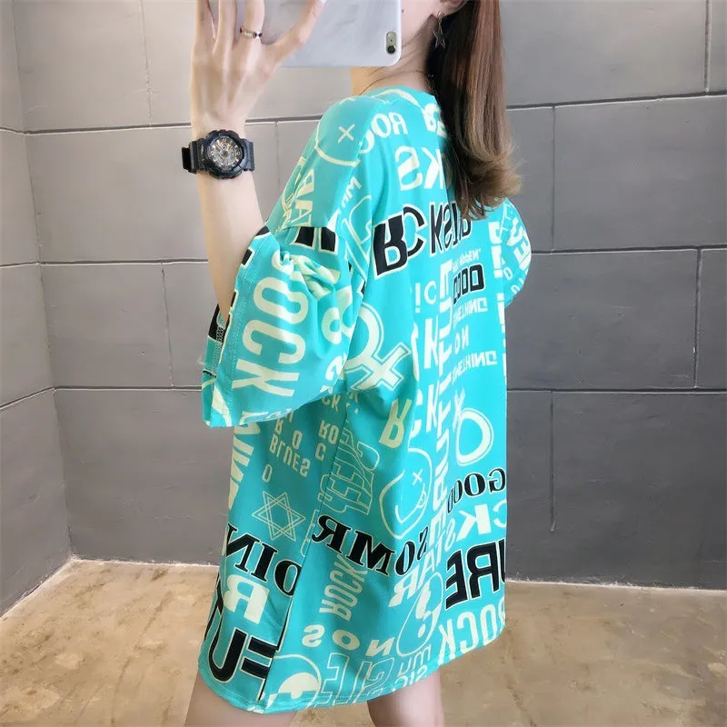 Cartoon Bear Loose Mid-Length Short Sleeve T-Shirt Women INS Trendy Summer aTops T-Shirt