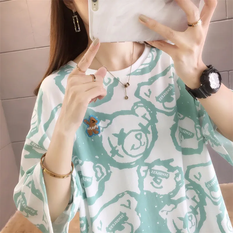 Cartoon Bear Loose Mid-Length Short Sleeve T-Shirt Women INS Trendy Summer aTops T-Shirt