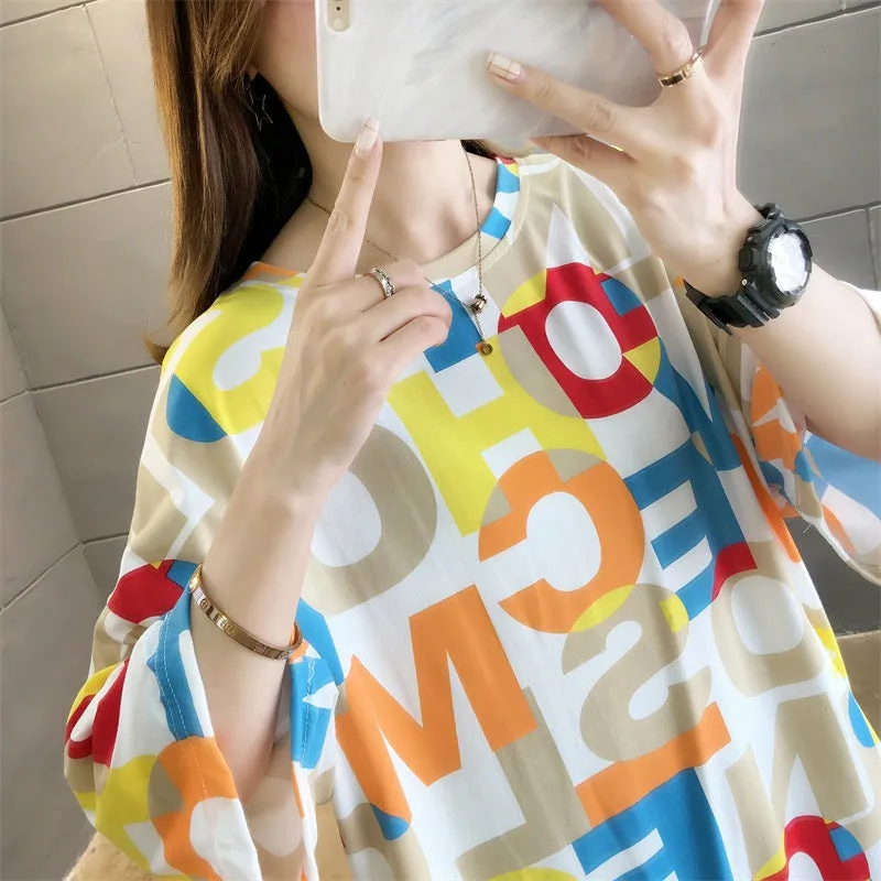 Cartoon Bear Loose Mid-Length Short Sleeve T-Shirt Women INS Trendy Summer aTops T-Shirt