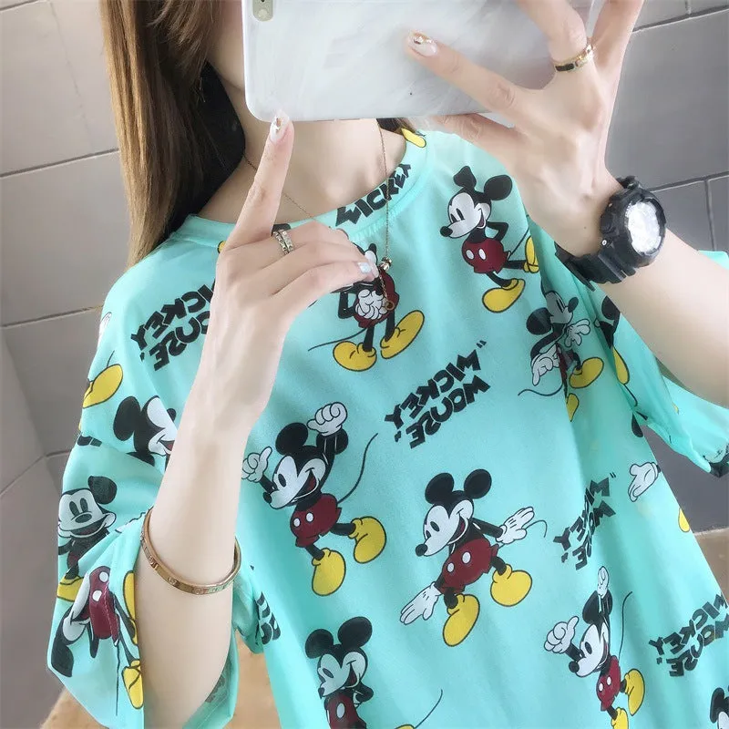 Cartoon Bear Loose Mid-Length Short Sleeve T-Shirt Women INS Trendy Summer aTops T-Shirt