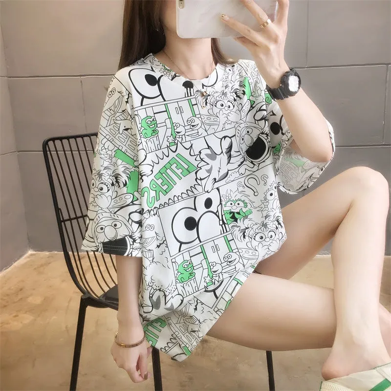 Cartoon Bear Loose Mid-Length Short Sleeve T-Shirt Women INS Trendy Summer aTops T-Shirt