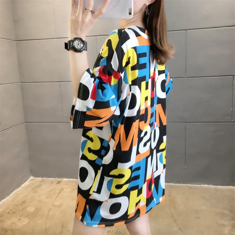 Cartoon Bear Loose Mid-Length Short Sleeve T-Shirt Women INS Trendy Summer aTops T-Shirt