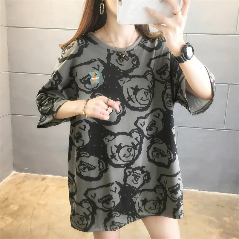 Cartoon Bear Loose Mid-Length Short Sleeve T-Shirt Women INS Trendy Summer aTops T-Shirt