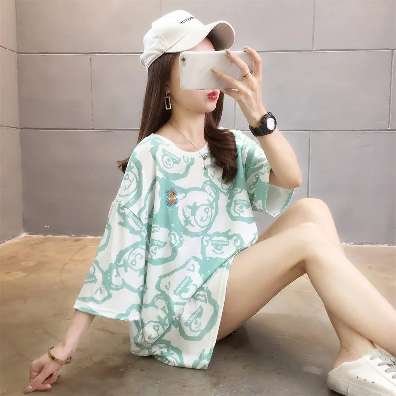 Cartoon Bear Loose Mid-Length Short Sleeve T-Shirt Women INS Trendy Summer aTops T-Shirt