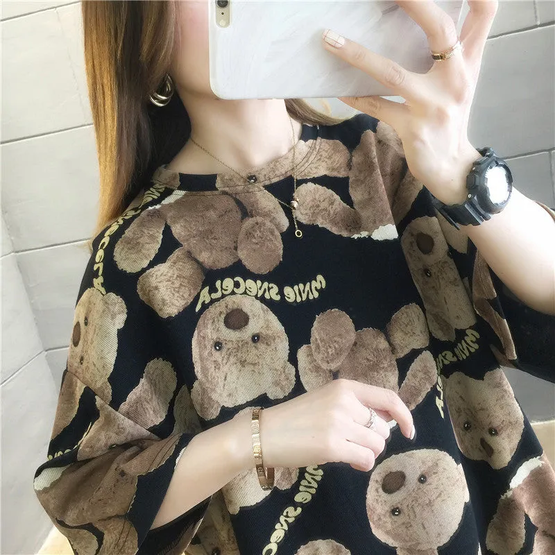 Cartoon Bear Loose Mid-Length Short Sleeve T-Shirt Women INS Trendy Summer aTops T-Shirt
