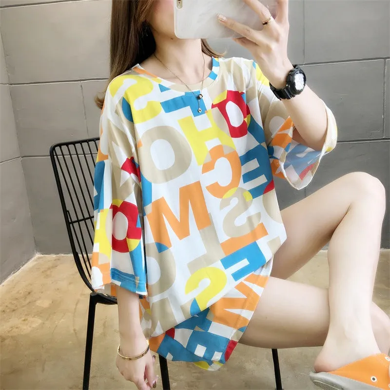 Cartoon Bear Loose Mid-Length Short Sleeve T-Shirt Women INS Trendy Summer aTops T-Shirt