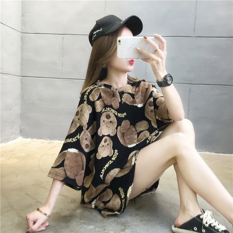 Cartoon Bear Loose Mid-Length Short Sleeve T-Shirt Women INS Trendy Summer aTops T-Shirt