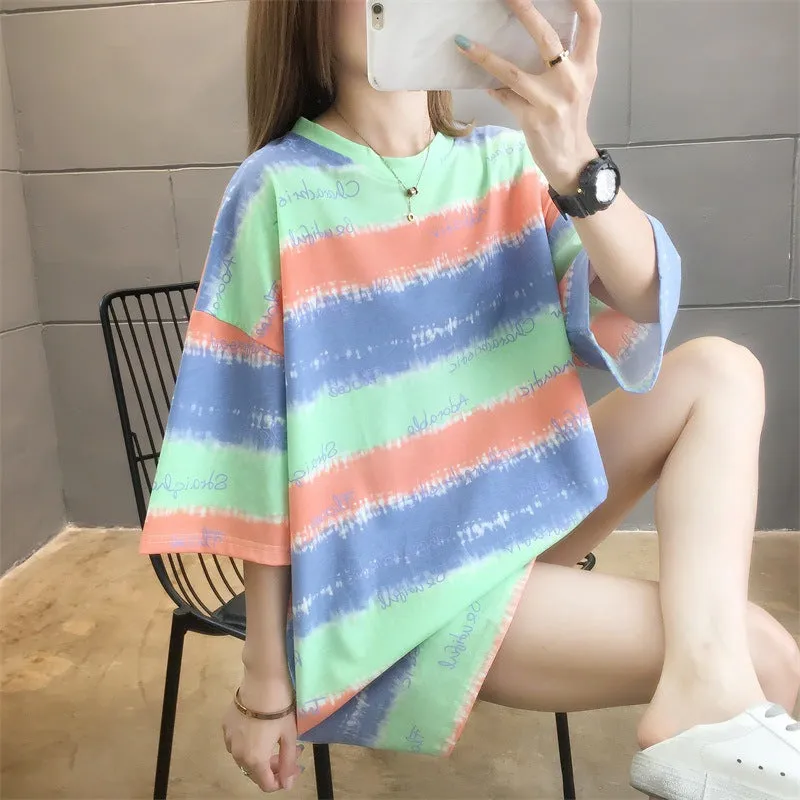 Cartoon Bear Loose Mid-Length Short Sleeve T-Shirt Women INS Trendy Summer aTops T-Shirt