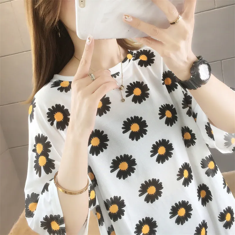 Cartoon Bear Loose Mid-Length Short Sleeve T-Shirt Women INS Trendy Summer aTops T-Shirt