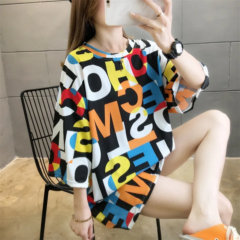 Cartoon Bear Loose Mid-Length Short Sleeve T-Shirt Women INS Trendy Summer aTops T-Shirt