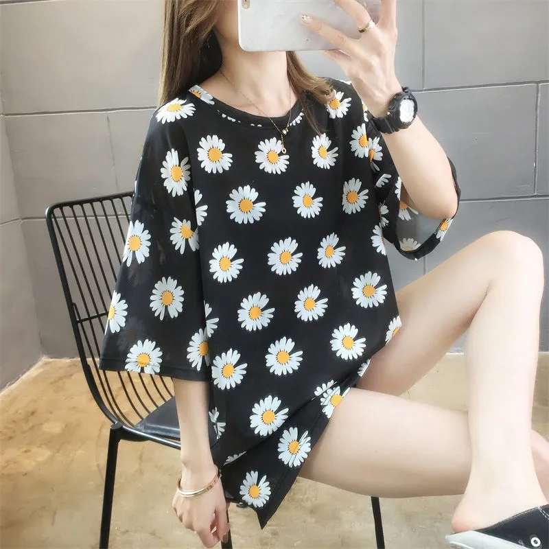 Cartoon Bear Loose Mid-Length Short Sleeve T-Shirt Women INS Trendy Summer aTops T-Shirt