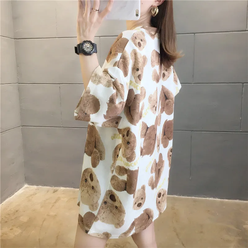 Cartoon Bear Loose Mid-Length Short Sleeve T-Shirt Women INS Trendy Summer aTops T-Shirt