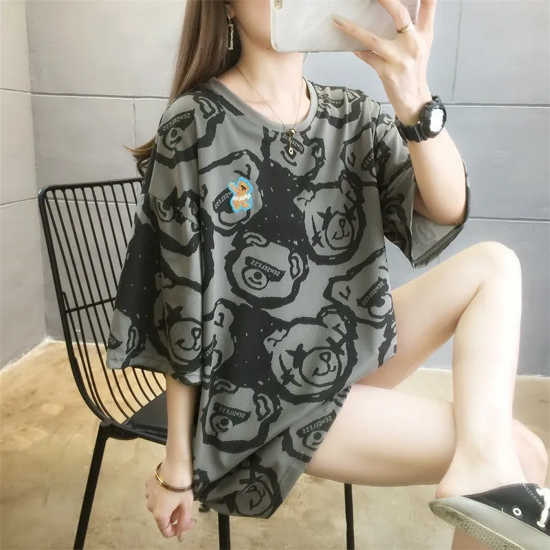 Cartoon Bear Loose Mid-Length Short Sleeve T-Shirt Women INS Trendy Summer aTops T-Shirt