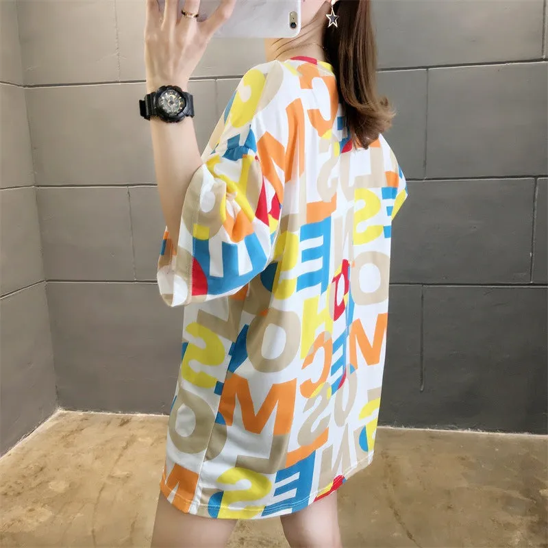 Cartoon Bear Loose Mid-Length Short Sleeve T-Shirt Women INS Trendy Summer aTops T-Shirt