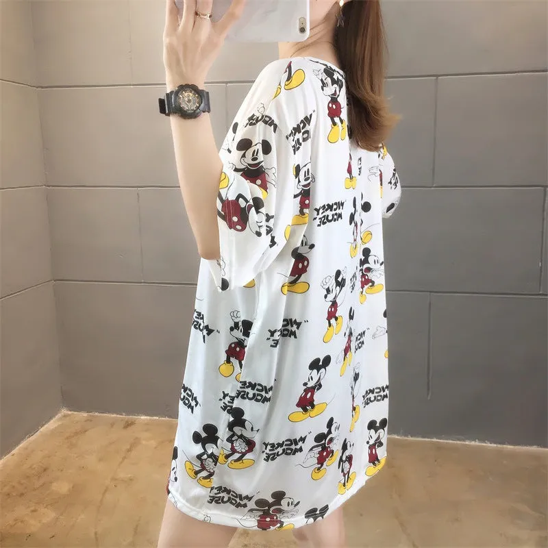 Cartoon Bear Loose Mid-Length Short Sleeve T-Shirt Women INS Trendy Summer aTops T-Shirt