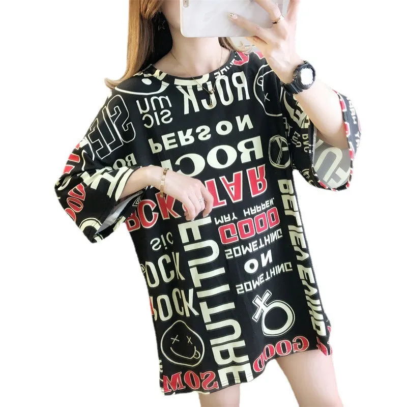 Cartoon Bear Loose Mid-Length Short Sleeve T-Shirt Women INS Trendy Summer aTops T-Shirt