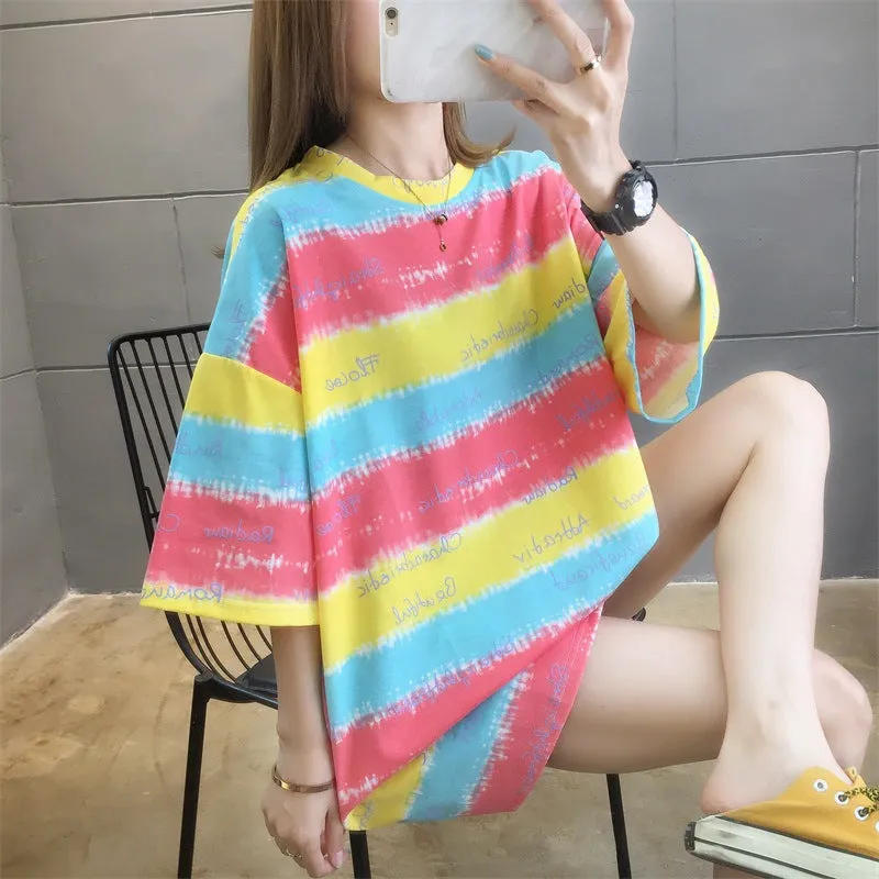 Cartoon Bear Loose Mid-Length Short Sleeve T-Shirt Women INS Trendy Summer aTops T-Shirt