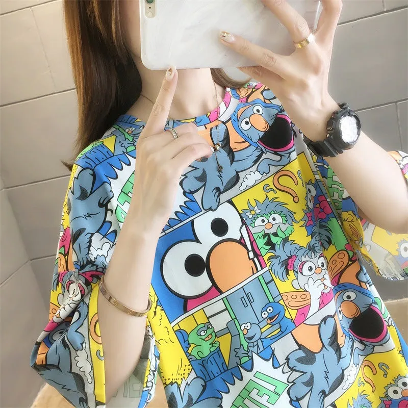 Cartoon Bear Loose Mid-Length Short Sleeve T-Shirt Women INS Trendy Summer aTops T-Shirt