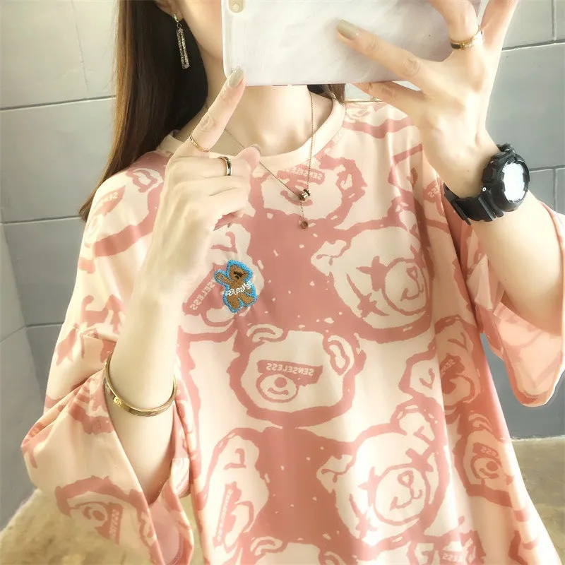 Cartoon Bear Loose Mid-Length Short Sleeve T-Shirt Women INS Trendy Summer aTops T-Shirt