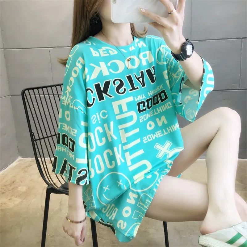Cartoon Bear Loose Mid-Length Short Sleeve T-Shirt Women INS Trendy Summer aTops T-Shirt