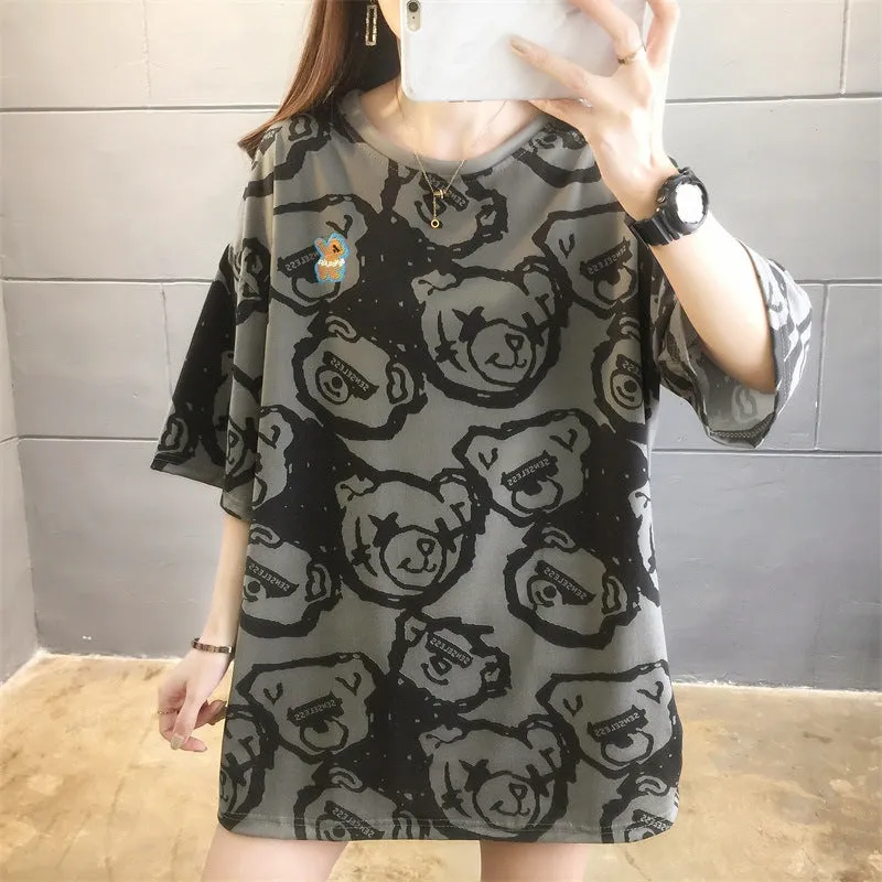 Cartoon Bear Loose Mid-Length Short Sleeve T-Shirt Women INS Trendy Summer aTops T-Shirt