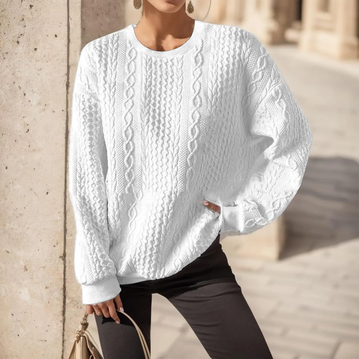 Casual Sweatshirt for Women Crewneck Pullover Tops Solid Jacquard Drawstring Hoodies Fall Loose Long Sleeve Blouse
