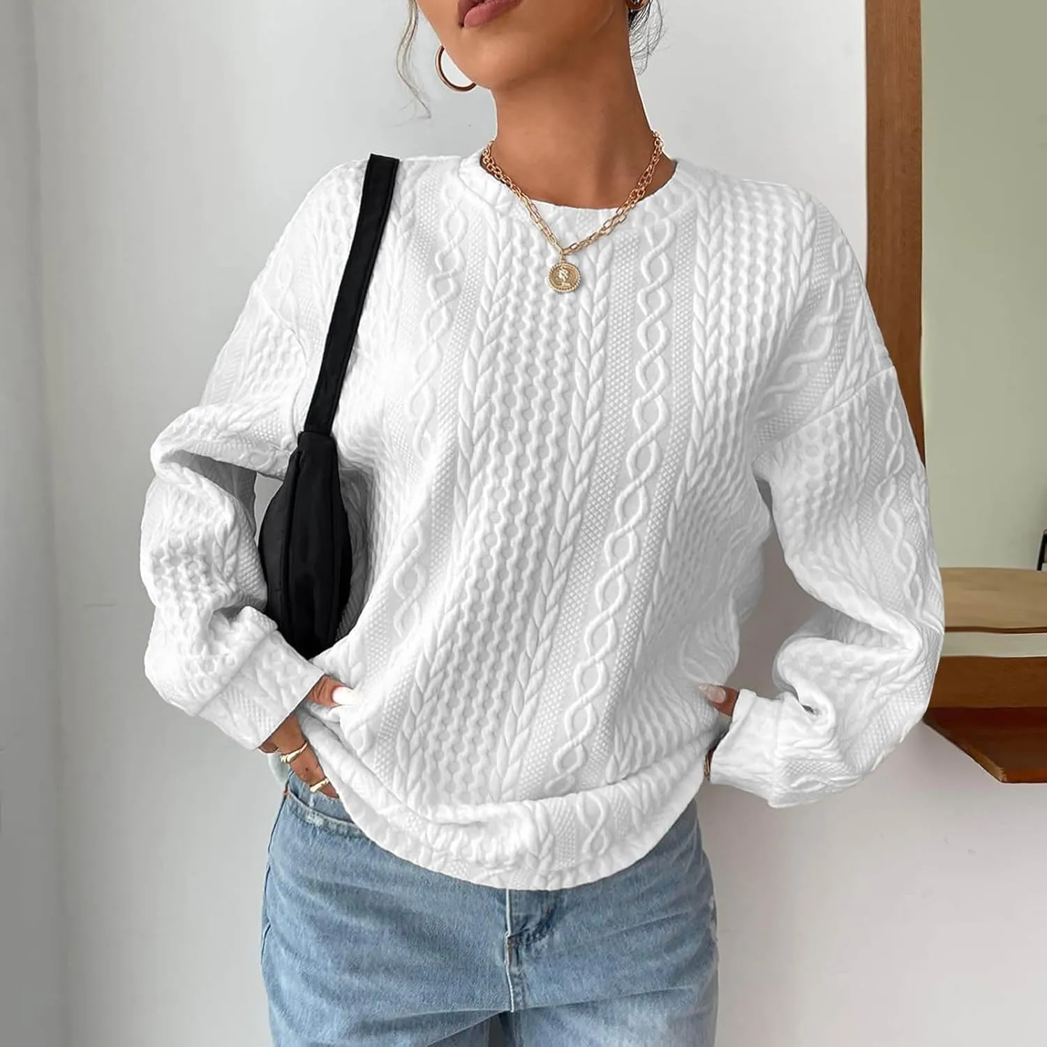 Casual Sweatshirt for Women Crewneck Pullover Tops Solid Jacquard Drawstring Hoodies Fall Loose Long Sleeve Blouse