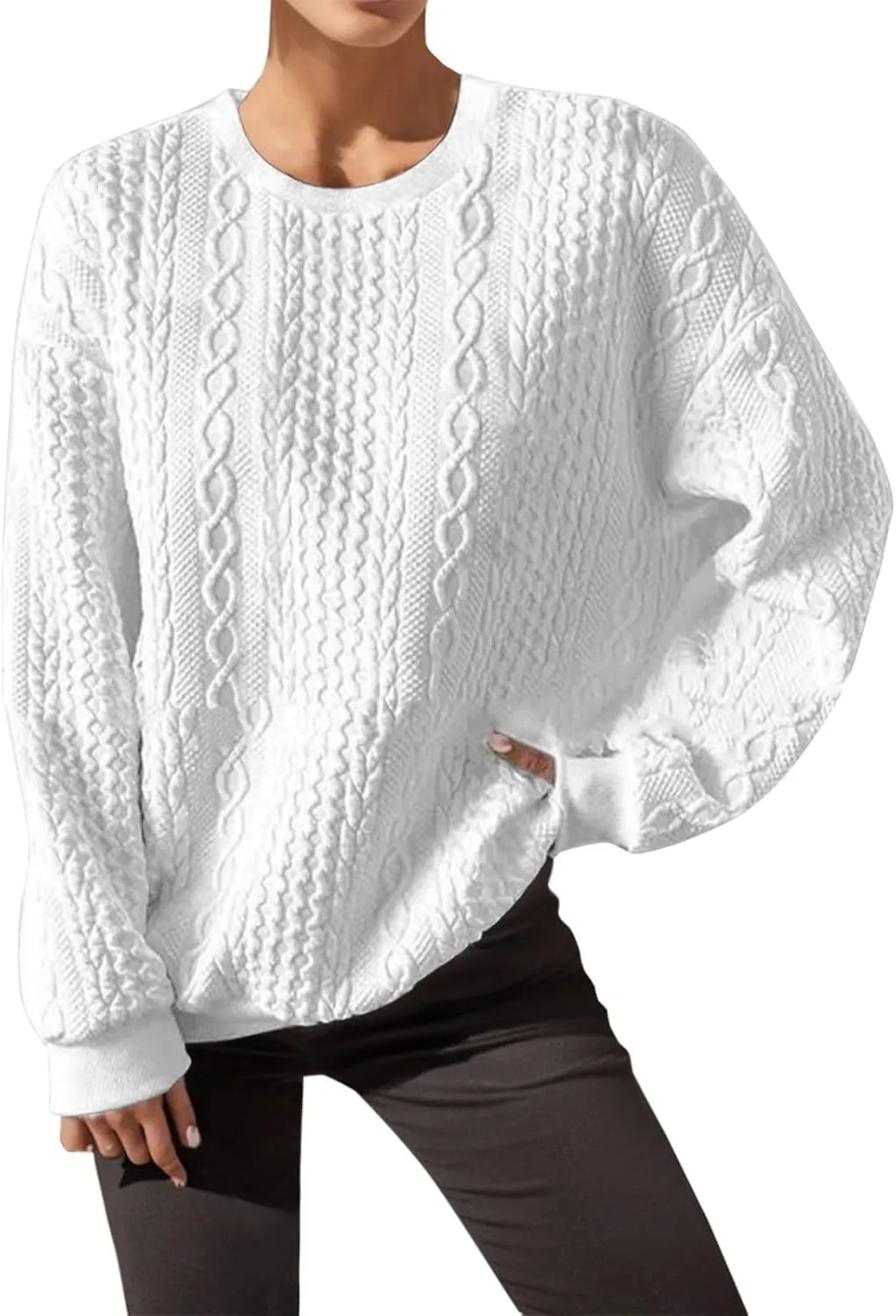 Casual Sweatshirt for Women Crewneck Pullover Tops Solid Jacquard Drawstring Hoodies Fall Loose Long Sleeve Blouse