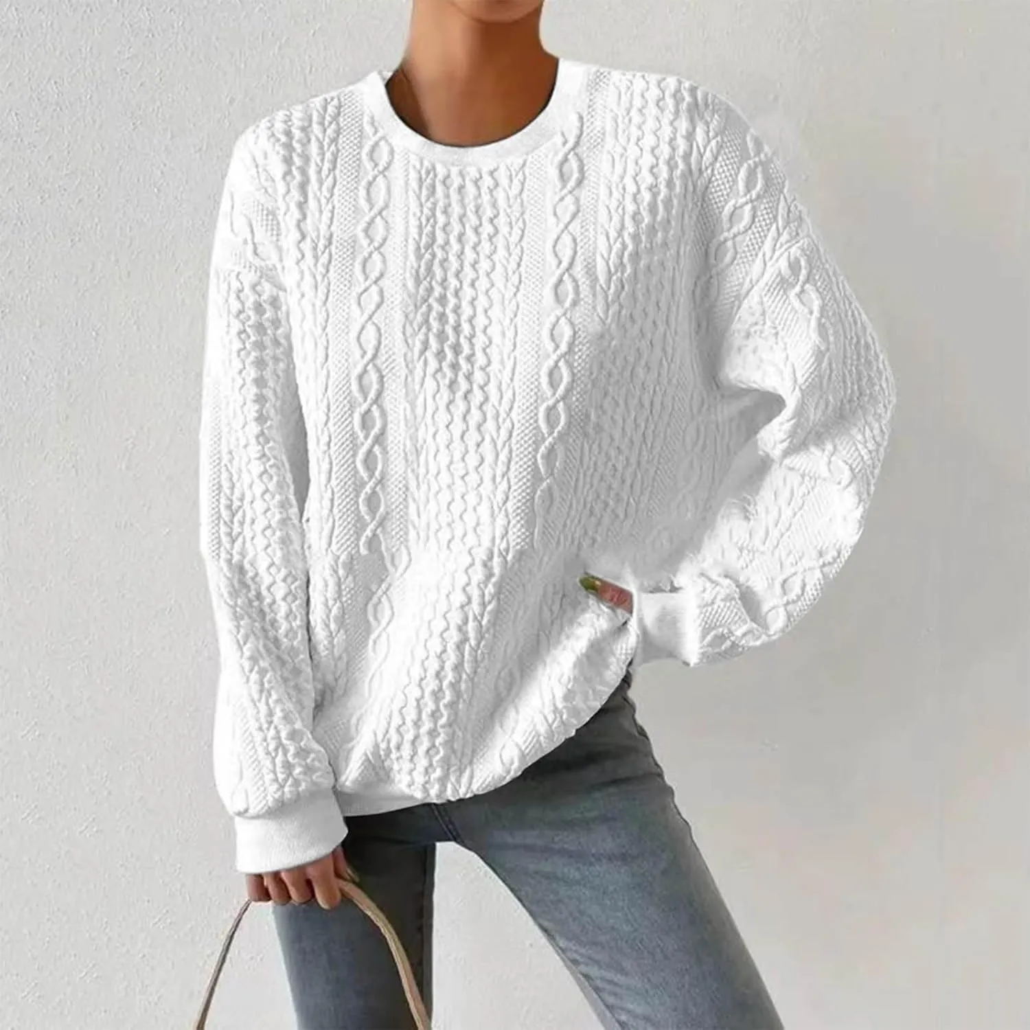 Casual Sweatshirt for Women Crewneck Pullover Tops Solid Jacquard Drawstring Hoodies Fall Loose Long Sleeve Blouse