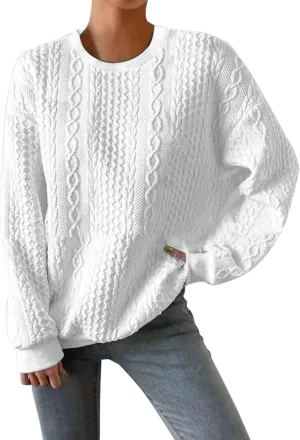 Casual Sweatshirt for Women Crewneck Pullover Tops Solid Jacquard Drawstring Hoodies Fall Loose Long Sleeve Blouse