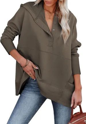 Chatinction Womens Button Tunic Hoodies Oversize V Neck Long Sleeve Pullover Sweatshirts Hooded Tops with Pockets