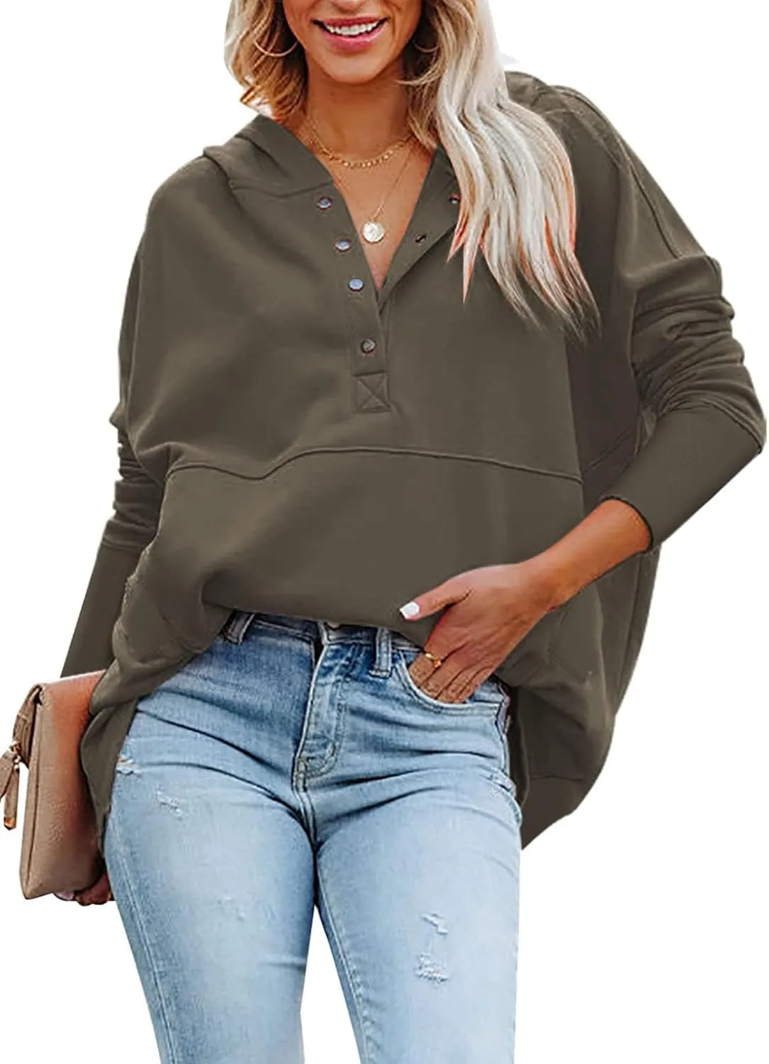 Chatinction Womens Button Tunic Hoodies Oversize V Neck Long Sleeve Pullover Sweatshirts Hooded Tops with Pockets