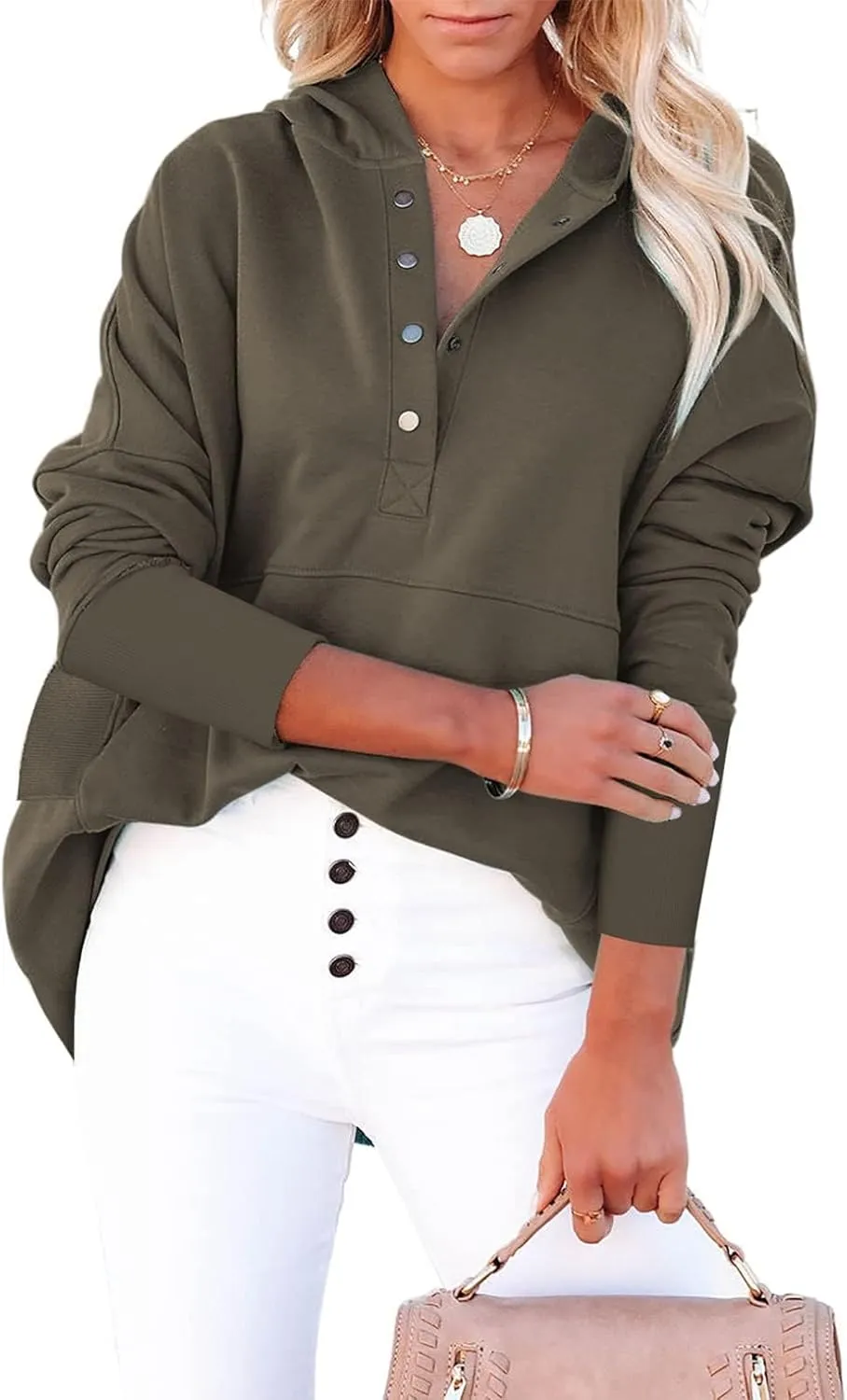 Chatinction Womens Button Tunic Hoodies Oversize V Neck Long Sleeve Pullover Sweatshirts Hooded Tops with Pockets